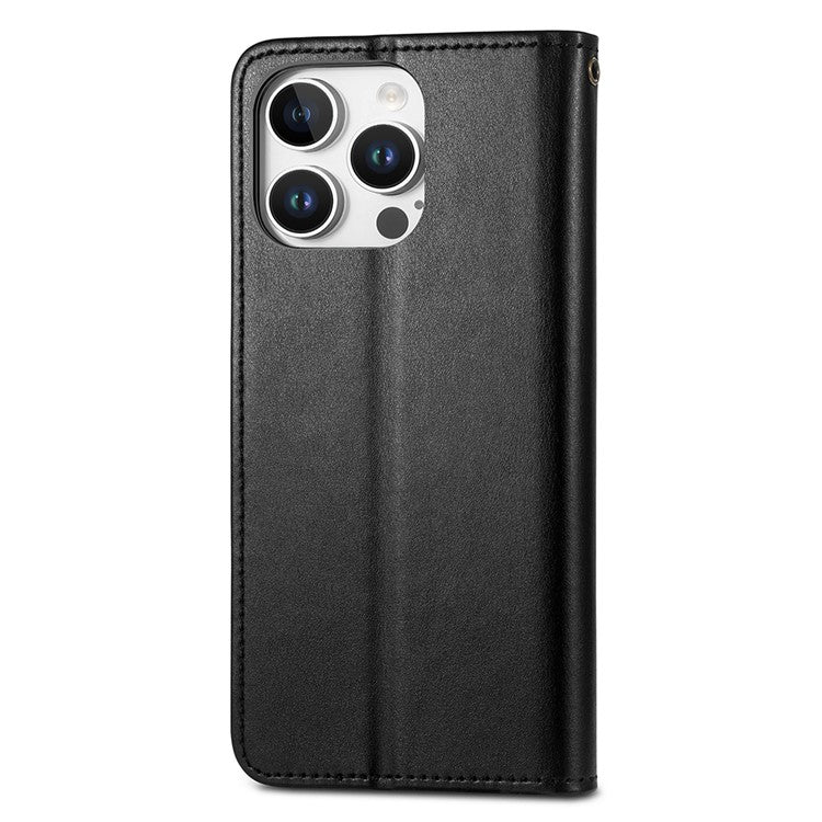 For iPhone 16 Pro Case Leather Phone Case Wallet Stand Cover with Wrist Strap - Black