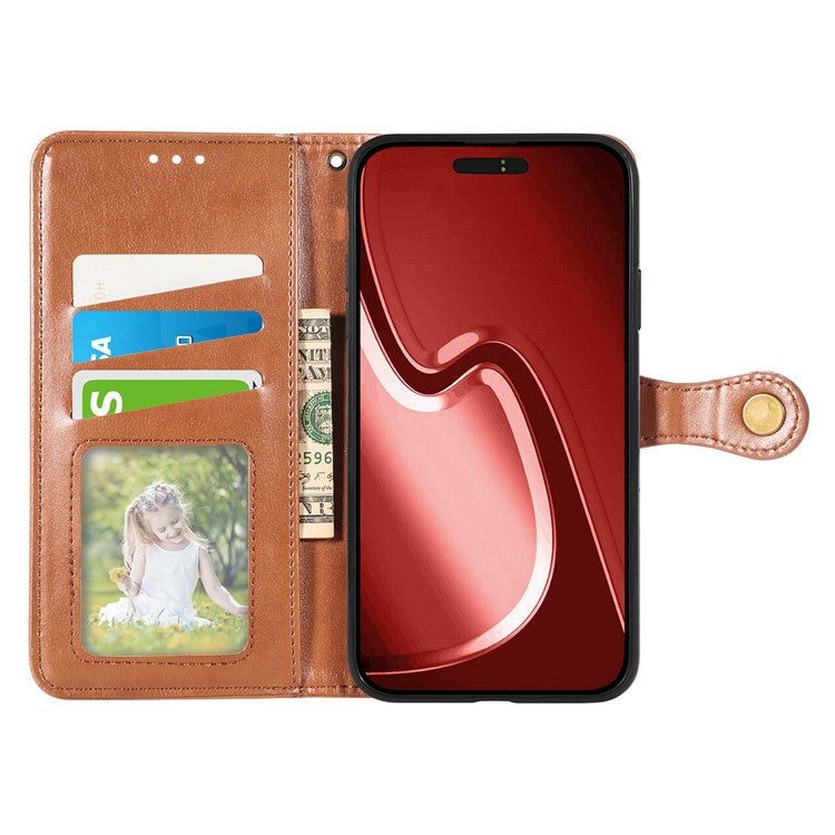 For iPhone 16 Pro Case Leather Phone Case Wallet Stand Cover with Wrist Strap - Brown