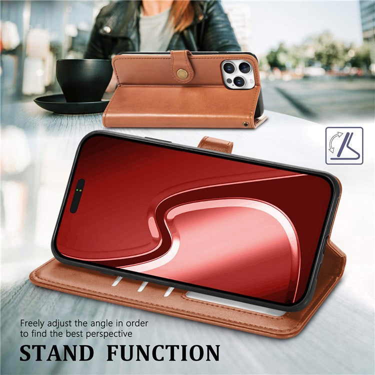 For iPhone 16 Pro Case Leather Phone Case Wallet Stand Cover with Wrist Strap - Brown