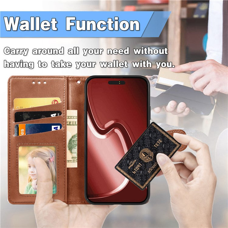 For iPhone 16 Pro Case Leather Phone Case Wallet Stand Cover with Wrist Strap - Brown