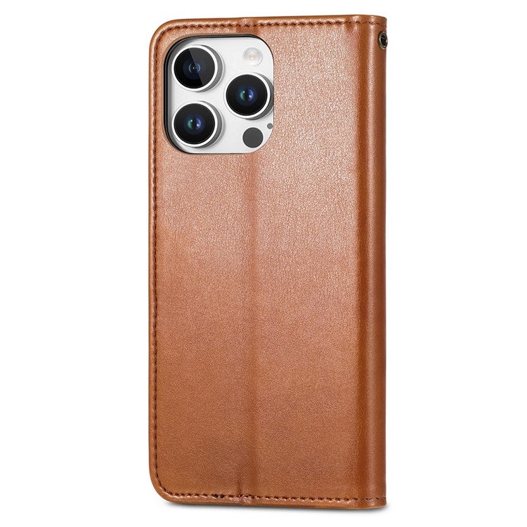 For iPhone 16 Pro Case Leather Phone Case Wallet Stand Cover with Wrist Strap - Brown