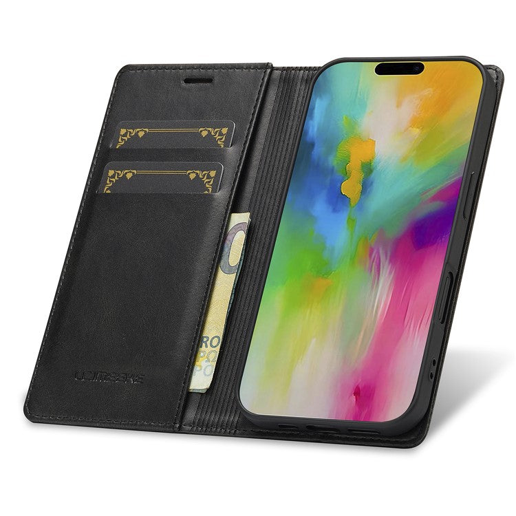 LC.IMEEKE For iPhone 16 Plus Leather Case RFID Blocking Card Slots Phone Cover - Black