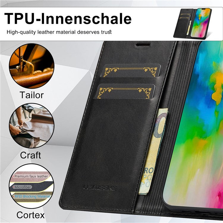 LC.IMEEKE For iPhone 16 Plus Leather Case RFID Blocking Card Slots Phone Cover - Black