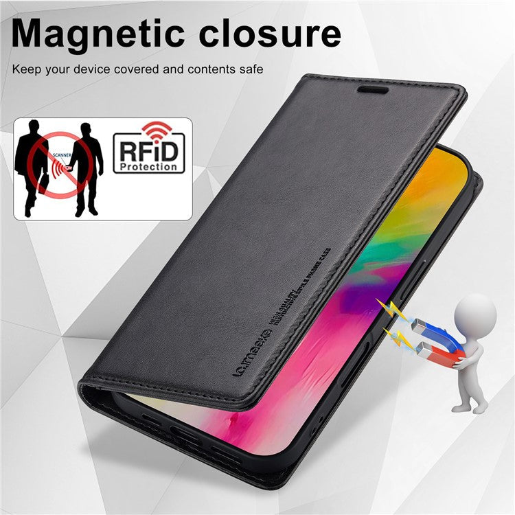 LC.IMEEKE For iPhone 16 Plus Leather Case RFID Blocking Card Slots Phone Cover - Black