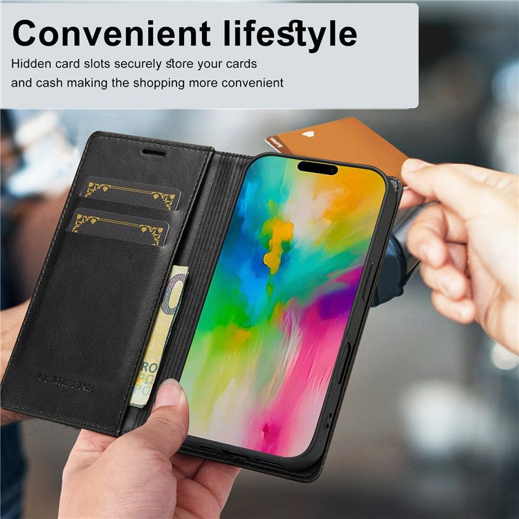 LC.IMEEKE For iPhone 16 Plus Leather Case RFID Blocking Card Slots Phone Cover - Black