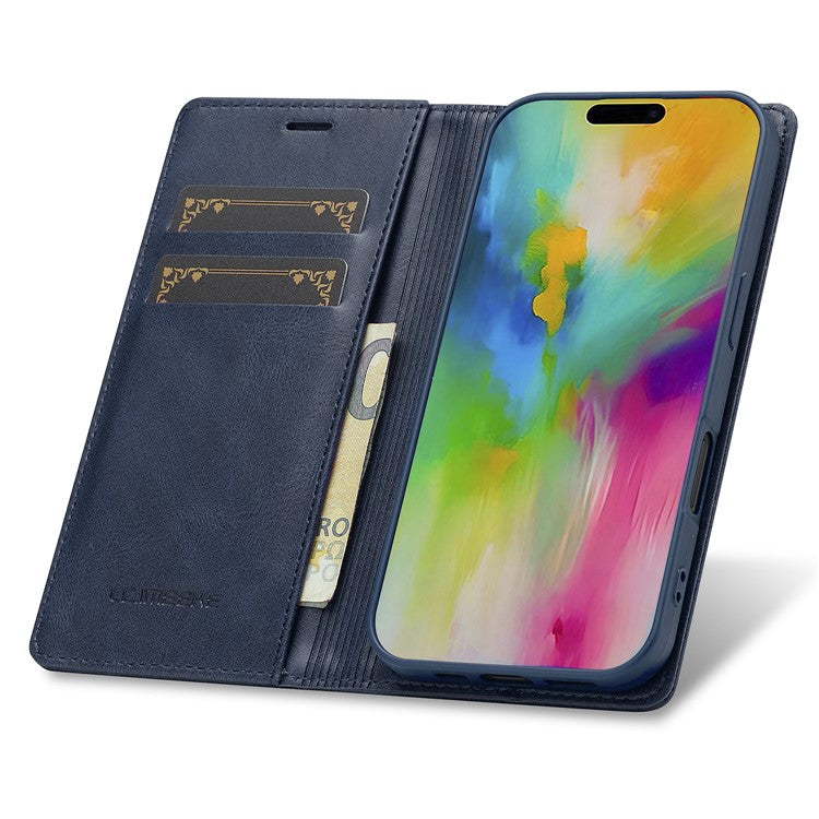LC.IMEEKE For iPhone 16 Leather Case RFID Blocking Card Slots Phone Cover - Blue