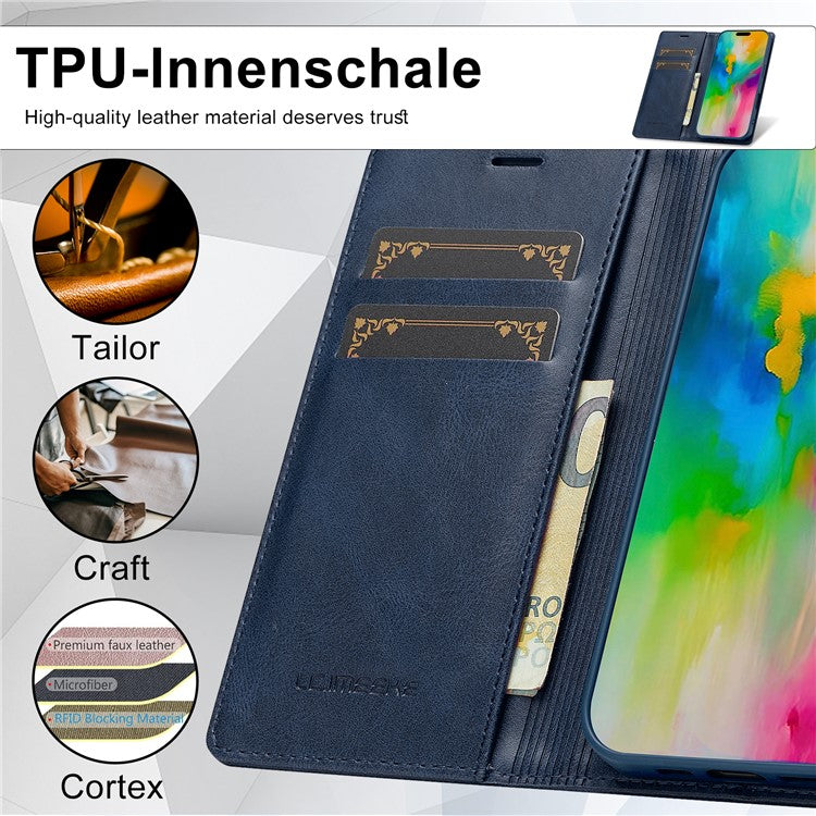 LC.IMEEKE For iPhone 16 Leather Case RFID Blocking Card Slots Phone Cover - Blue