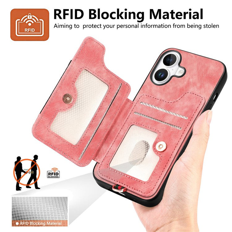 For iPhone 16 Plus Case RFID Blocking Handbag Leather+TPU Phone Cover Card Slots, Ring Holder - Pink