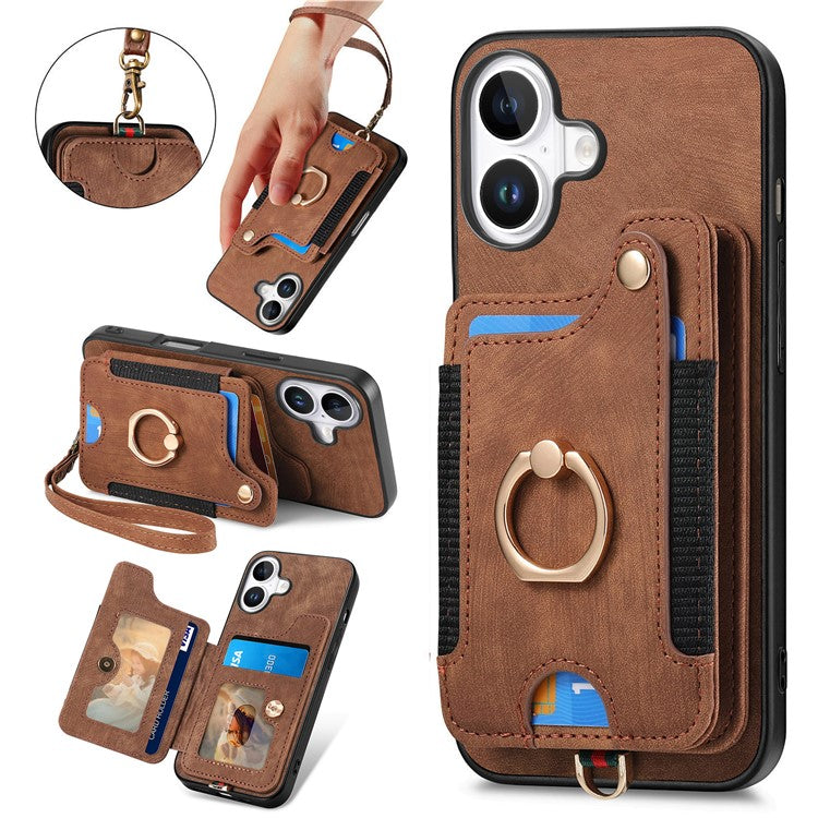 For iPhone 16 Case RFID Blocking Handbag Leather+TPU Phone Cover Card Slots, Ring Holder - Brown
