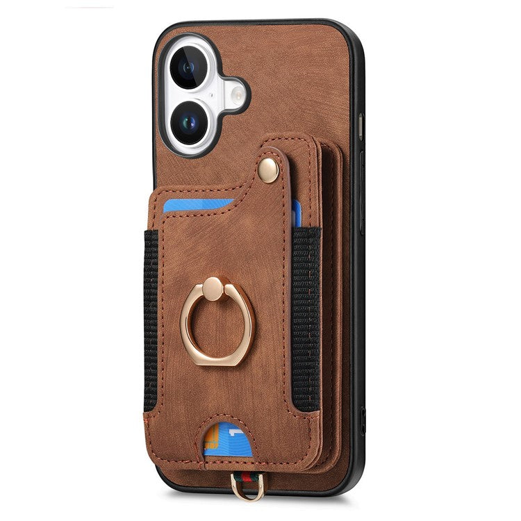 For iPhone 16 Case RFID Blocking Handbag Leather+TPU Phone Cover Card Slots, Ring Holder - Brown