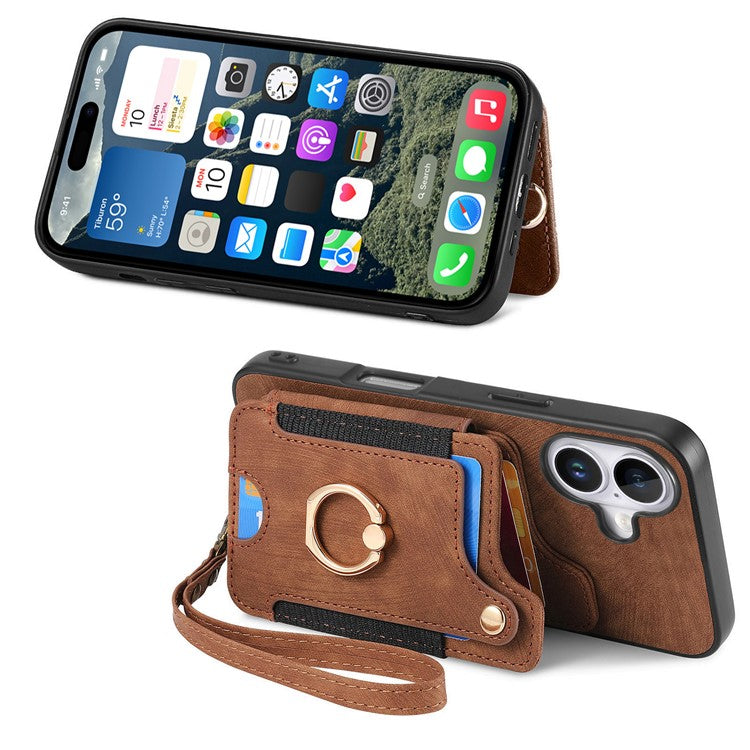 For iPhone 16 Case RFID Blocking Handbag Leather+TPU Phone Cover Card Slots, Ring Holder - Brown