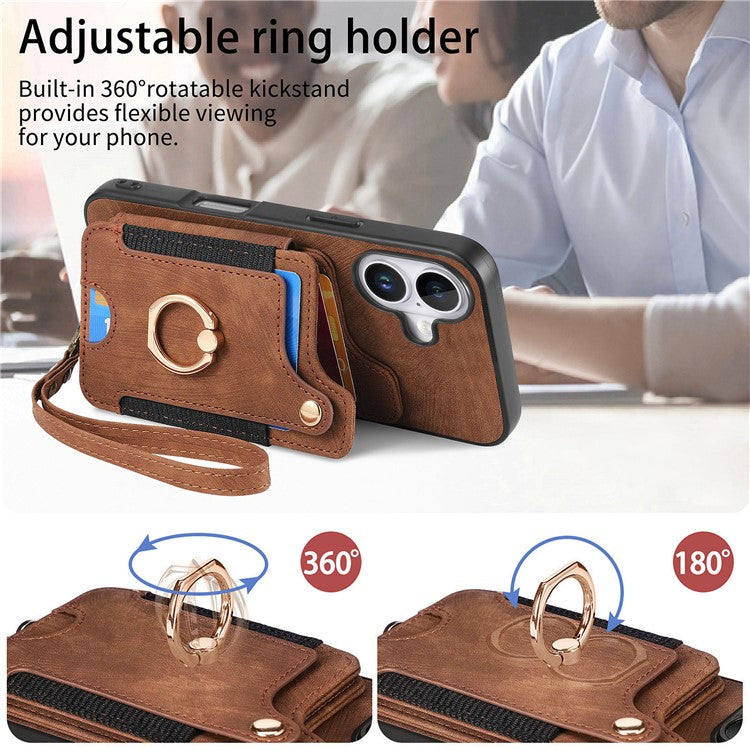 For iPhone 16 Case RFID Blocking Handbag Leather+TPU Phone Cover Card Slots, Ring Holder - Brown