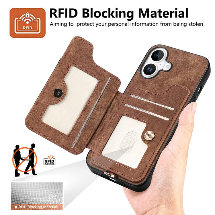 For iPhone 16 Case RFID Blocking Handbag Leather+TPU Phone Cover Card Slots, Ring Holder - Brown