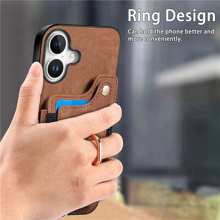 For iPhone 16 Case RFID Blocking Handbag Leather+TPU Phone Cover Card Slots, Ring Holder - Brown