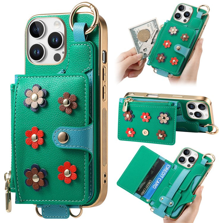 For iPhone 16 Pro Case Detachable Card Holder PU Leather+TPU Flower Aesthetic Phone Cover with Straps - Green
