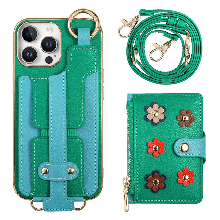 For iPhone 16 Pro Case Detachable Card Holder PU Leather+TPU Flower Aesthetic Phone Cover with Straps - Green