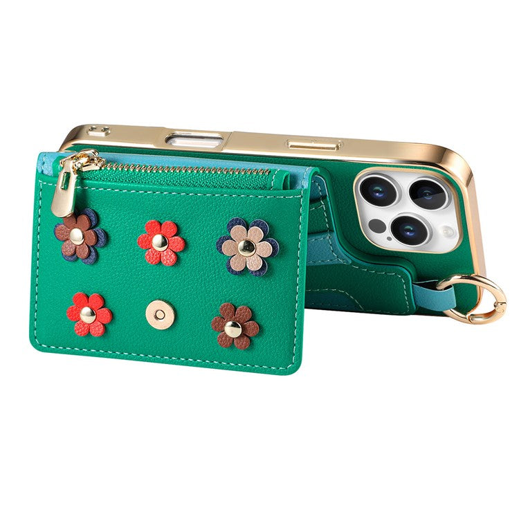 For iPhone 16 Pro Case Detachable Card Holder PU Leather+TPU Flower Aesthetic Phone Cover with Straps - Green