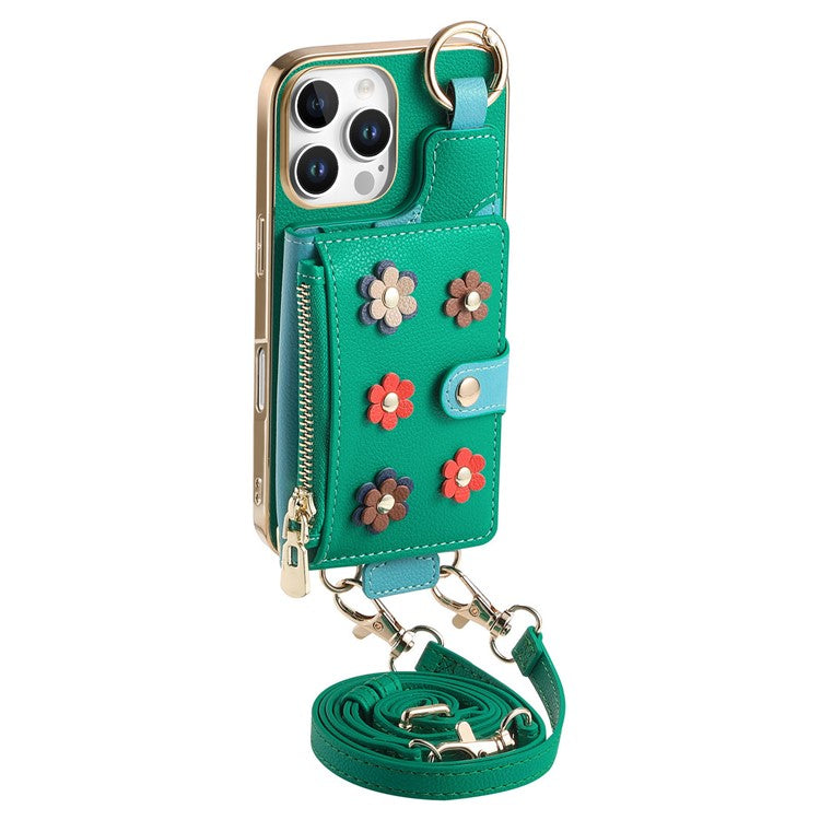 For iPhone 16 Pro Case Detachable Card Holder PU Leather+TPU Flower Aesthetic Phone Cover with Straps - Green