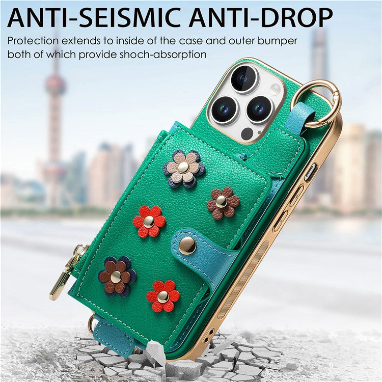 For iPhone 16 Pro Case Detachable Card Holder PU Leather+TPU Flower Aesthetic Phone Cover with Straps - Green