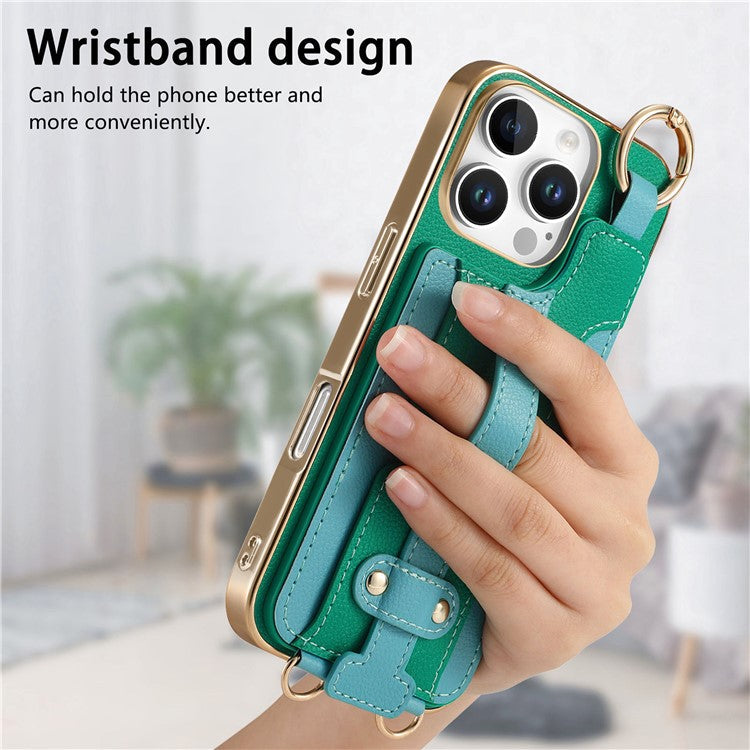 For iPhone 16 Pro Case Detachable Card Holder PU Leather+TPU Flower Aesthetic Phone Cover with Straps - Green