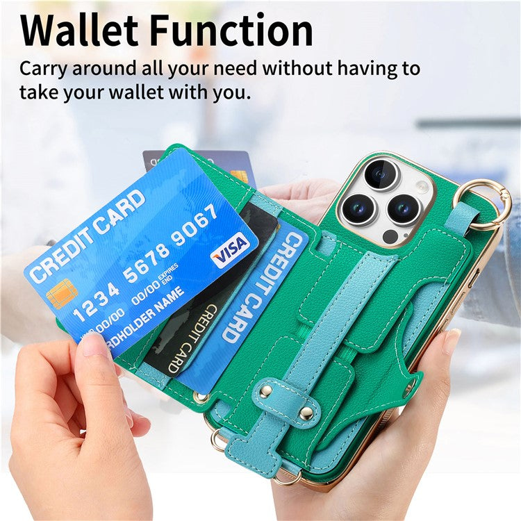 For iPhone 16 Pro Case Detachable Card Holder PU Leather+TPU Flower Aesthetic Phone Cover with Straps - Green