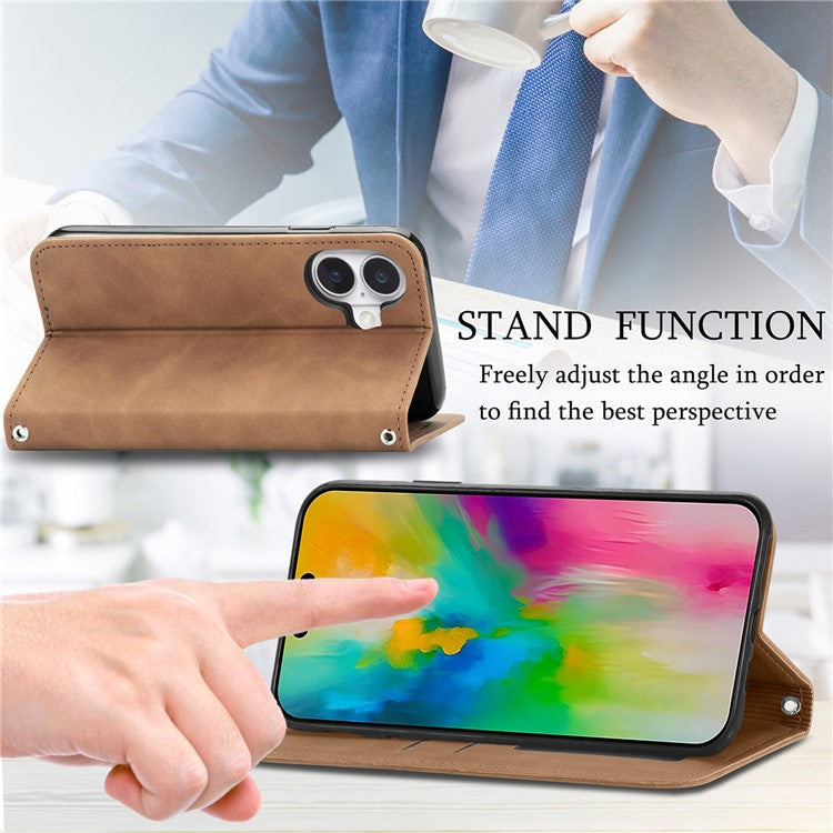 For iPhone 16 Case Skin Touch Feeling Leather Card Holder Phone Cover Magnetic Absorption - Brown