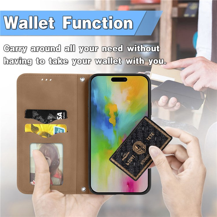For iPhone 16 Case Skin Touch Feeling Leather Card Holder Phone Cover Magnetic Absorption - Brown