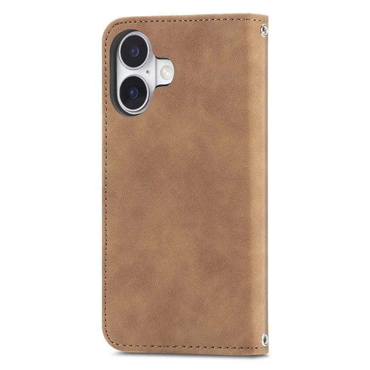 For iPhone 16 Case Skin Touch Feeling Leather Card Holder Phone Cover Magnetic Absorption - Brown