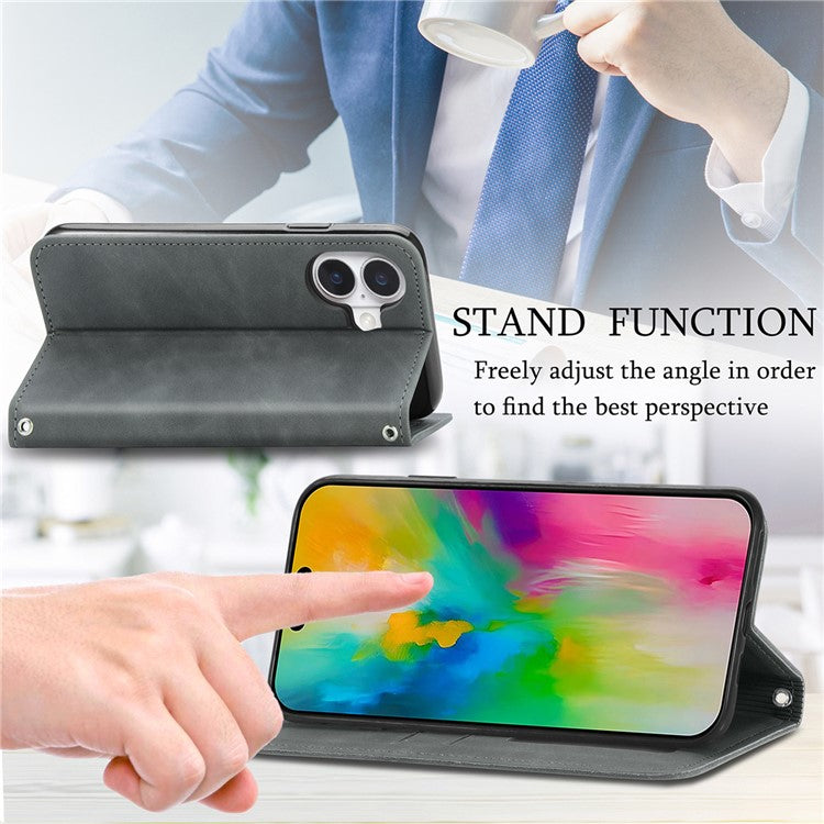 For iPhone 16 Case Skin Touch Feeling Leather Card Holder Phone Cover Magnetic Absorption - Grey