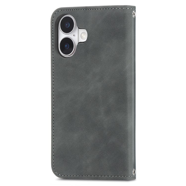 For iPhone 16 Case Skin Touch Feeling Leather Card Holder Phone Cover Magnetic Absorption - Grey