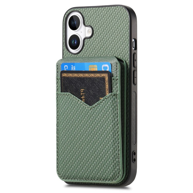 For iPhone 16 Plus Case Carbon Fiber Texture Leather+TPU Kickstand Phone Cover Detachable Card Holder - Green