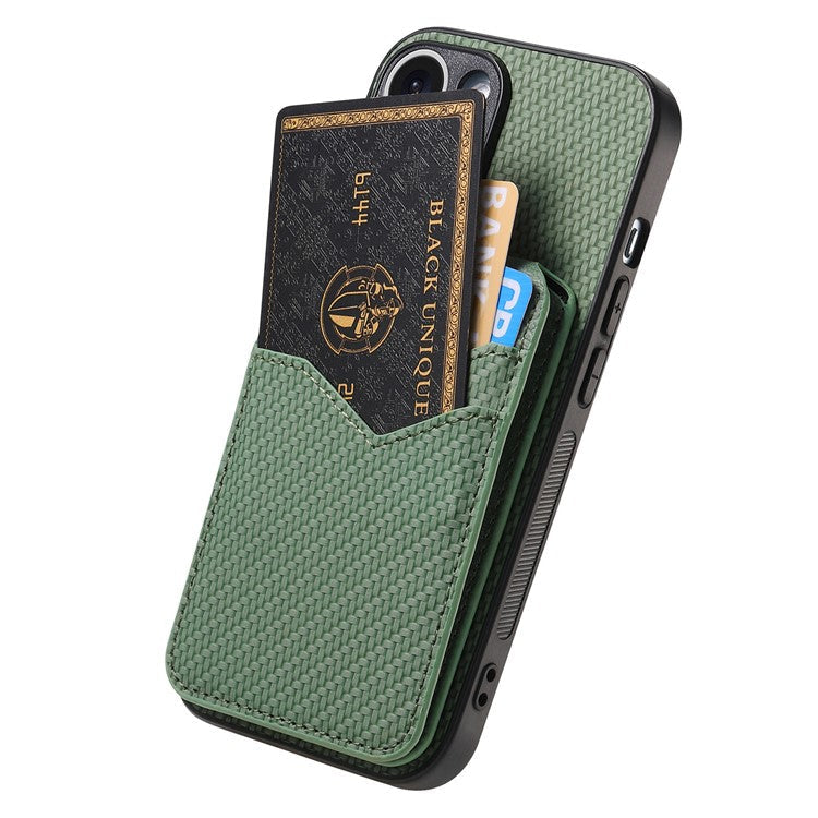 For iPhone 16 Plus Case Carbon Fiber Texture Leather+TPU Kickstand Phone Cover Detachable Card Holder - Green