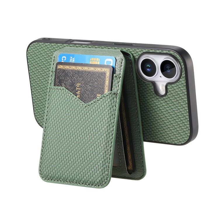 For iPhone 16 Plus Case Carbon Fiber Texture Leather+TPU Kickstand Phone Cover Detachable Card Holder - Green