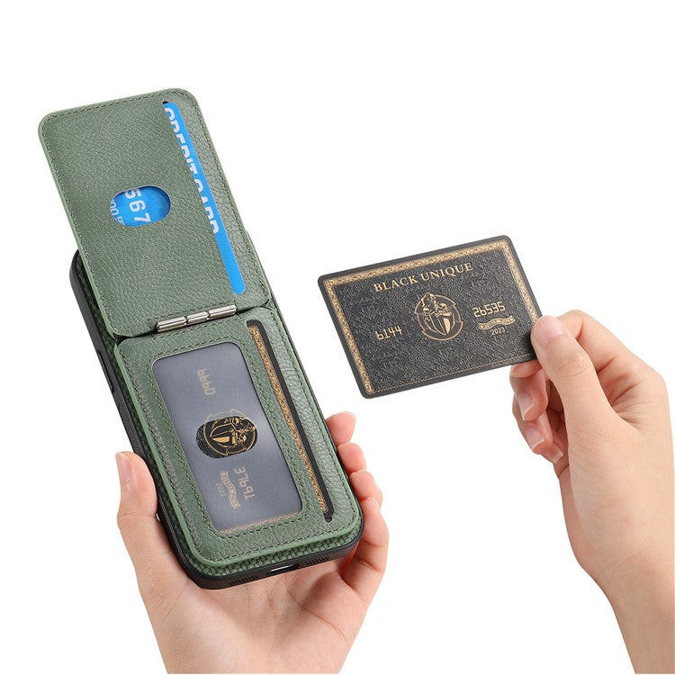 For iPhone 16 Plus Case Carbon Fiber Texture Leather+TPU Kickstand Phone Cover Detachable Card Holder - Green