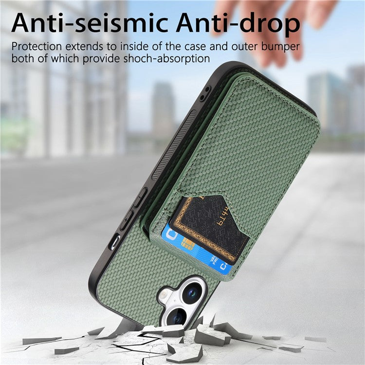 For iPhone 16 Plus Case Carbon Fiber Texture Leather+TPU Kickstand Phone Cover Detachable Card Holder - Green