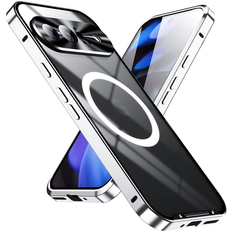 For Google Pixel 9 Case Compatible with MagSafe Metal Frame Matte Phone Cover - Silver