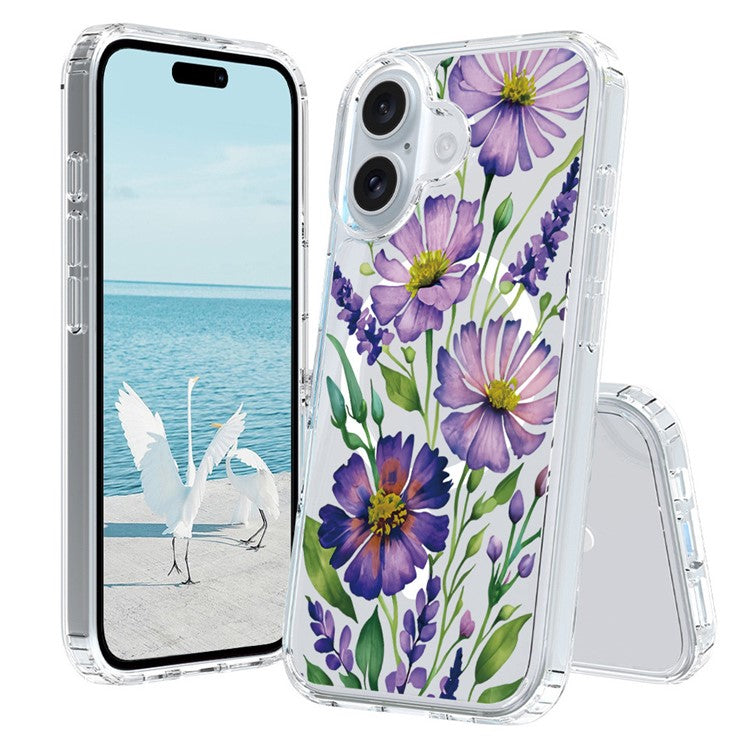 For iPhone 16 Plus Case Compatible with MagSafe Flower Pattern Printing TPU+PC Phone Cover - Style F