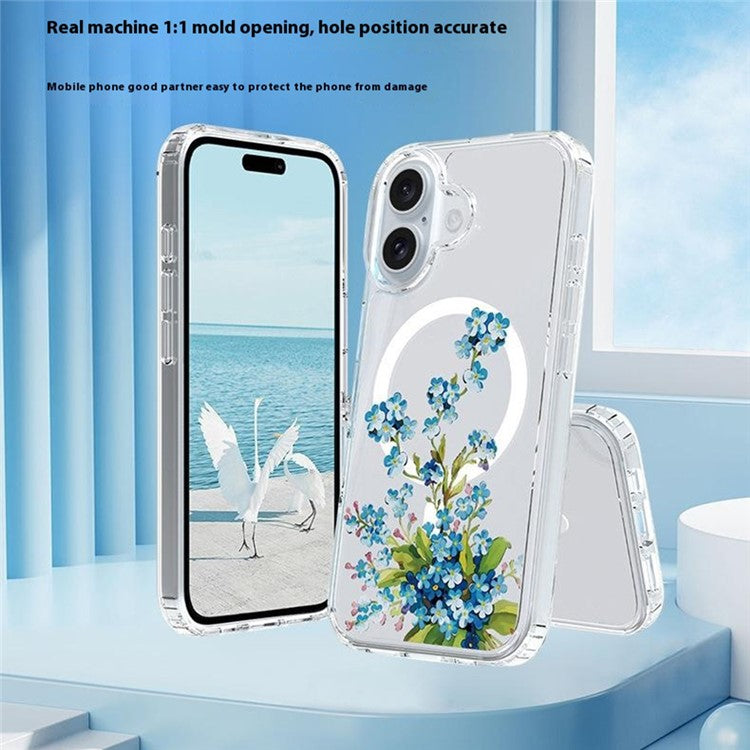 For iPhone 16 Plus Case Compatible with MagSafe Flower Pattern Printing TPU+PC Phone Cover - Style F