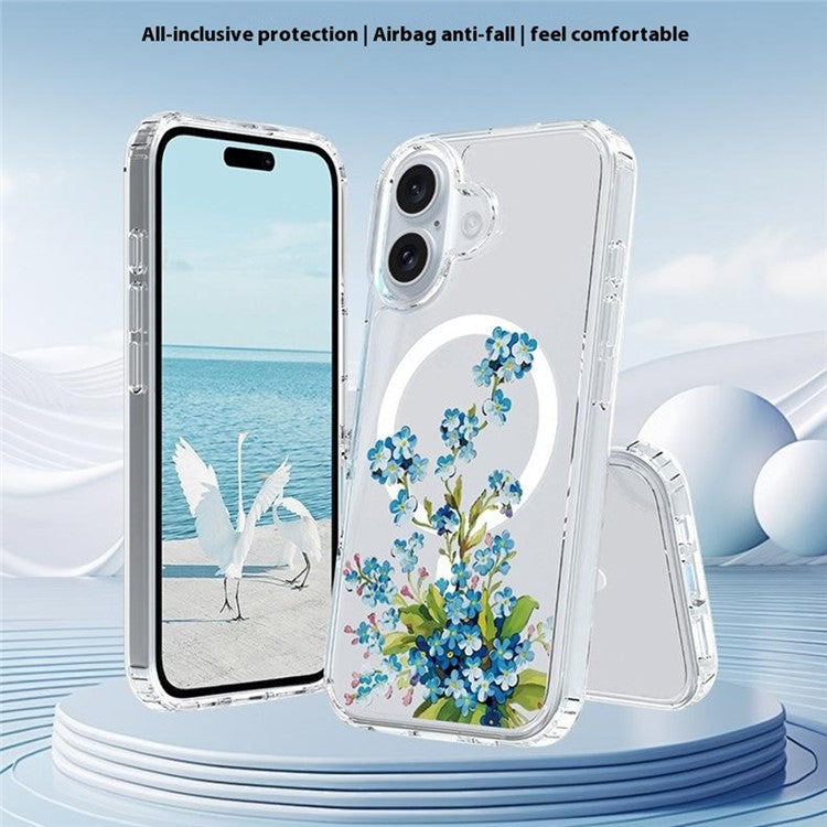 For iPhone 16 Case Compatible with MagSafe Flower Pattern Printing TPU+PC Phone Cover - Style D
