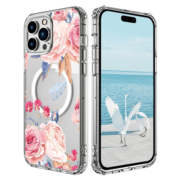 For iPhone 16 Pro Case Compatible with MagSafe Flower Pattern Printing TPU+PC Phone Cover - Style H