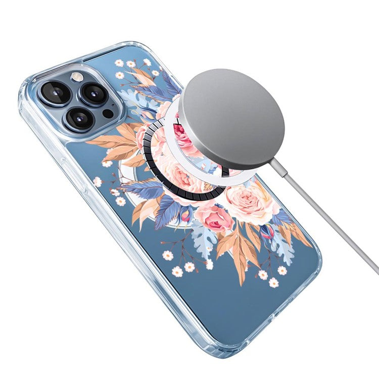 For iPhone 16 Pro Case Compatible with MagSafe Flower Pattern Printing TPU+PC Phone Cover - Style H