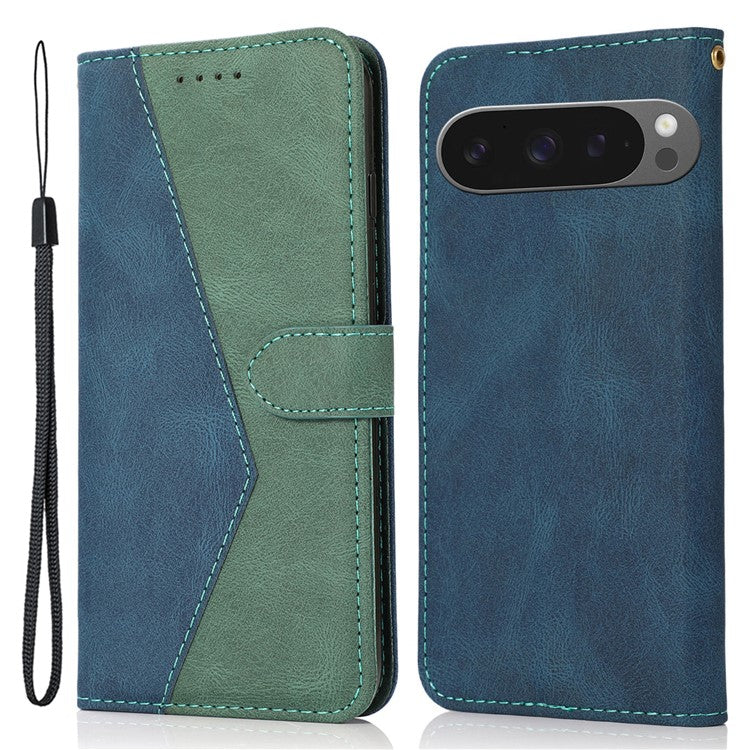 For Google Pixel 9 Pro XL Cover Color Splicing Wallet Stand Leather Phone Case with Wrist Strap - Blue+Green
