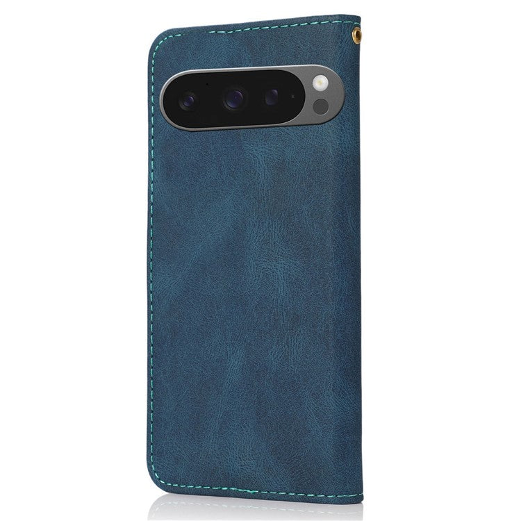 For Google Pixel 9 Pro XL Cover Color Splicing Wallet Stand Leather Phone Case with Wrist Strap - Blue+Green