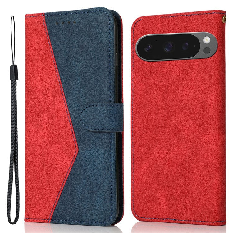 For Google Pixel 9 Pro XL Cover Color Splicing Wallet Stand Leather Phone Case with Wrist Strap - Red+Blue