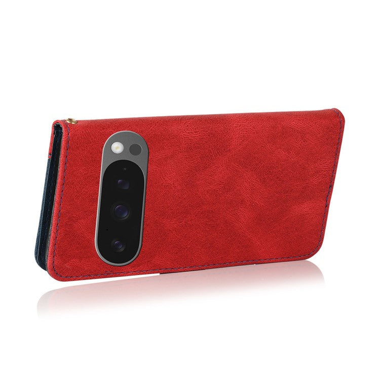 For Google Pixel 9 Pro XL Cover Color Splicing Wallet Stand Leather Phone Case with Wrist Strap - Red+Blue