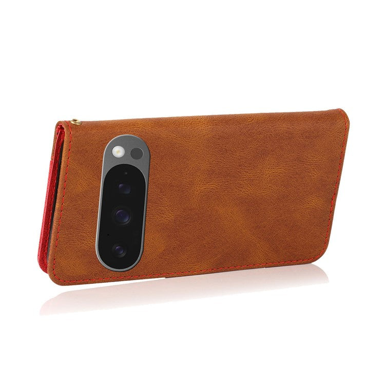 For Google Pixel 9 Pro XL Cover Color Splicing Wallet Stand Leather Phone Case with Wrist Strap - Brown+Red
