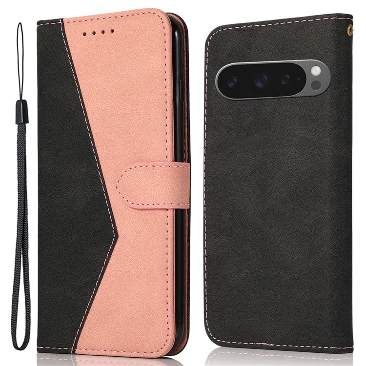 For Google Pixel 9 Pro XL Cover Color Splicing Wallet Stand Leather Phone Case with Wrist Strap - Black+Rose Gold