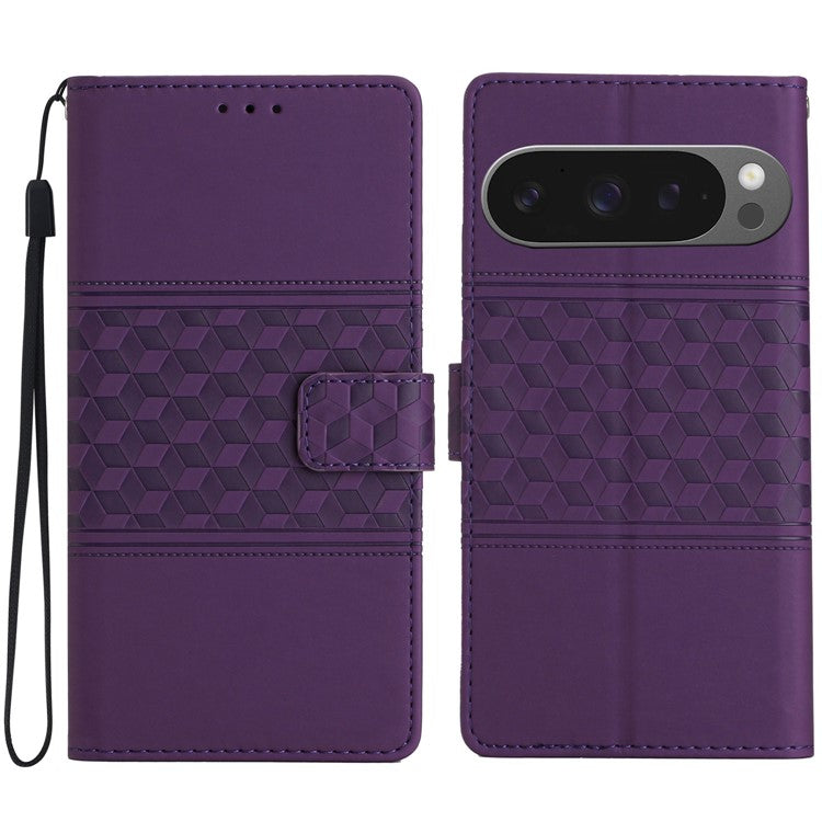 For Google Pixel 9 Pro XL Case Rhombus Leather Horizontal Flip Phone Cover - Purple