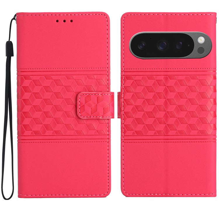 For Google Pixel 9 Pro XL Case Rhombus Leather Horizontal Flip Phone Cover - Rose