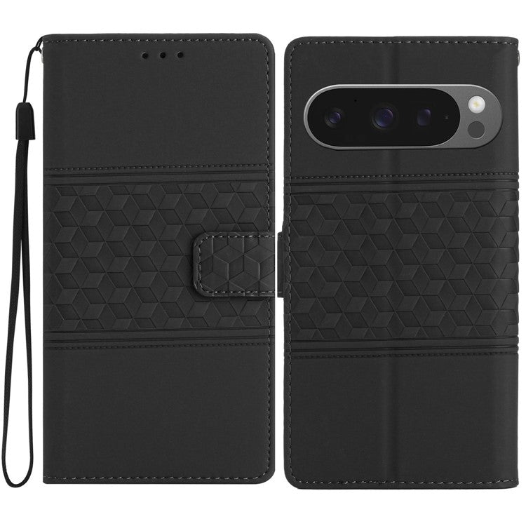 For Google Pixel 9 Pro XL Case Rhombus Leather Horizontal Flip Phone Cover - Black